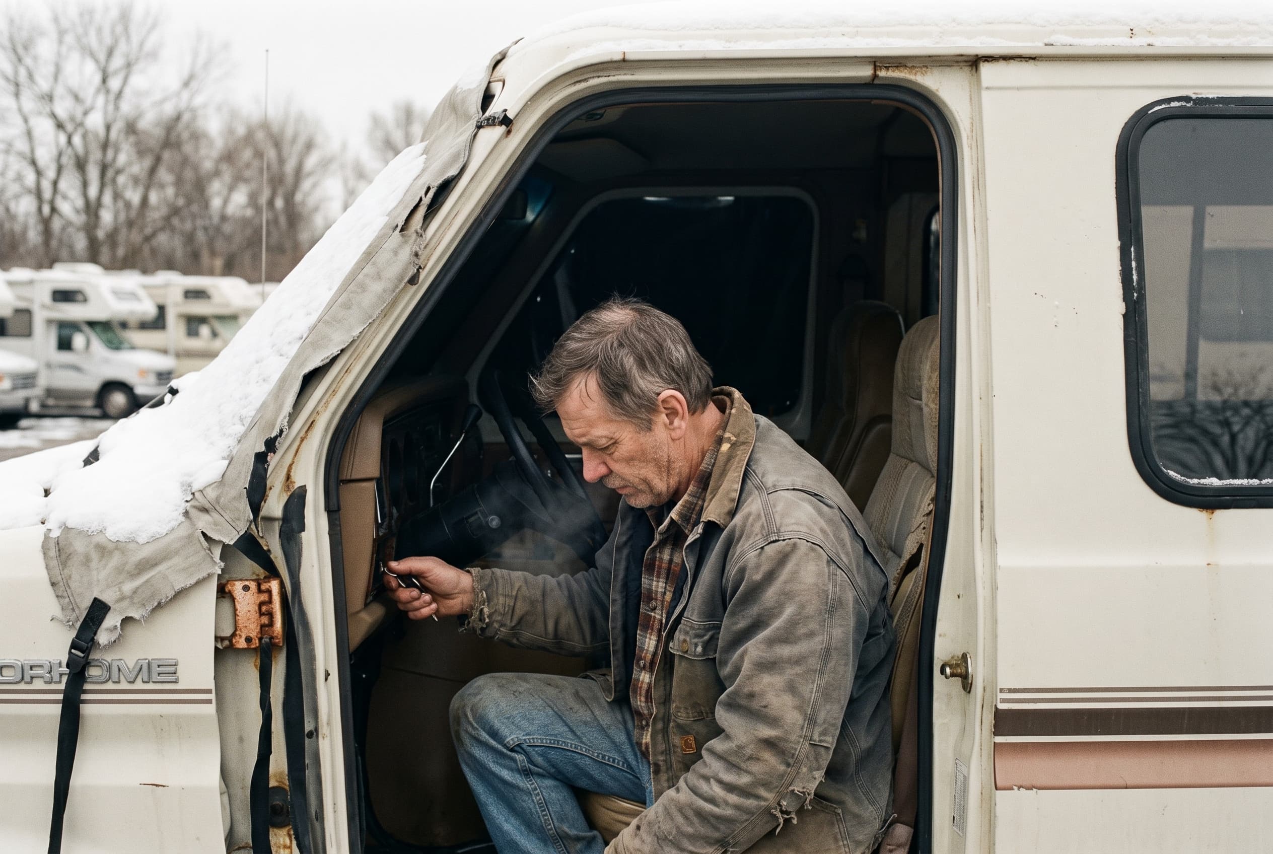 An owner in a snow-dusted storage lot leans into his motorhome cab and turns the key to nothing — a dead battery after winter storage.