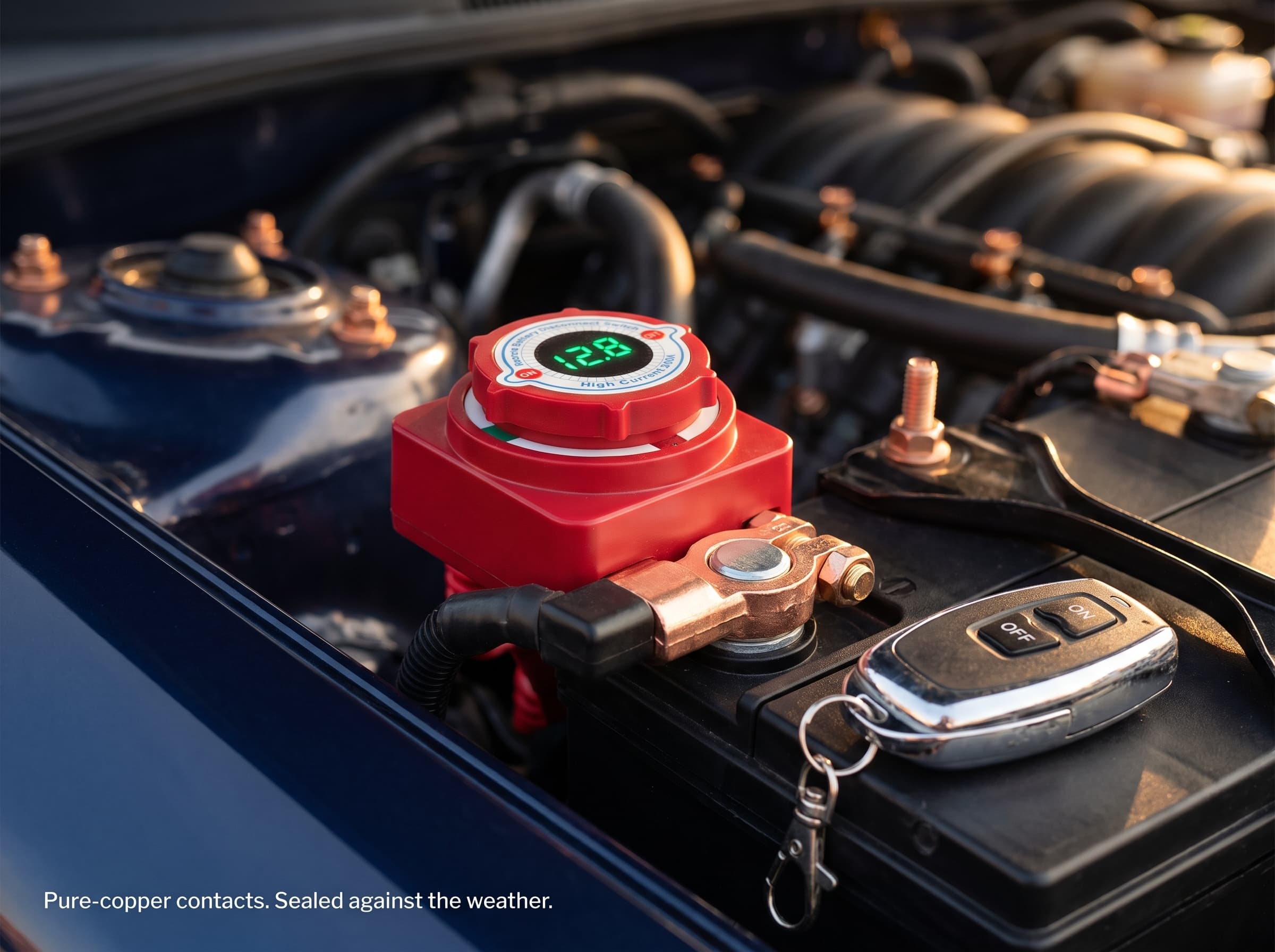 The red SmartGuard disconnect clamped to a battery's negative terminal in an engine bay, voltage display lit, key-fob remote resting alongside.