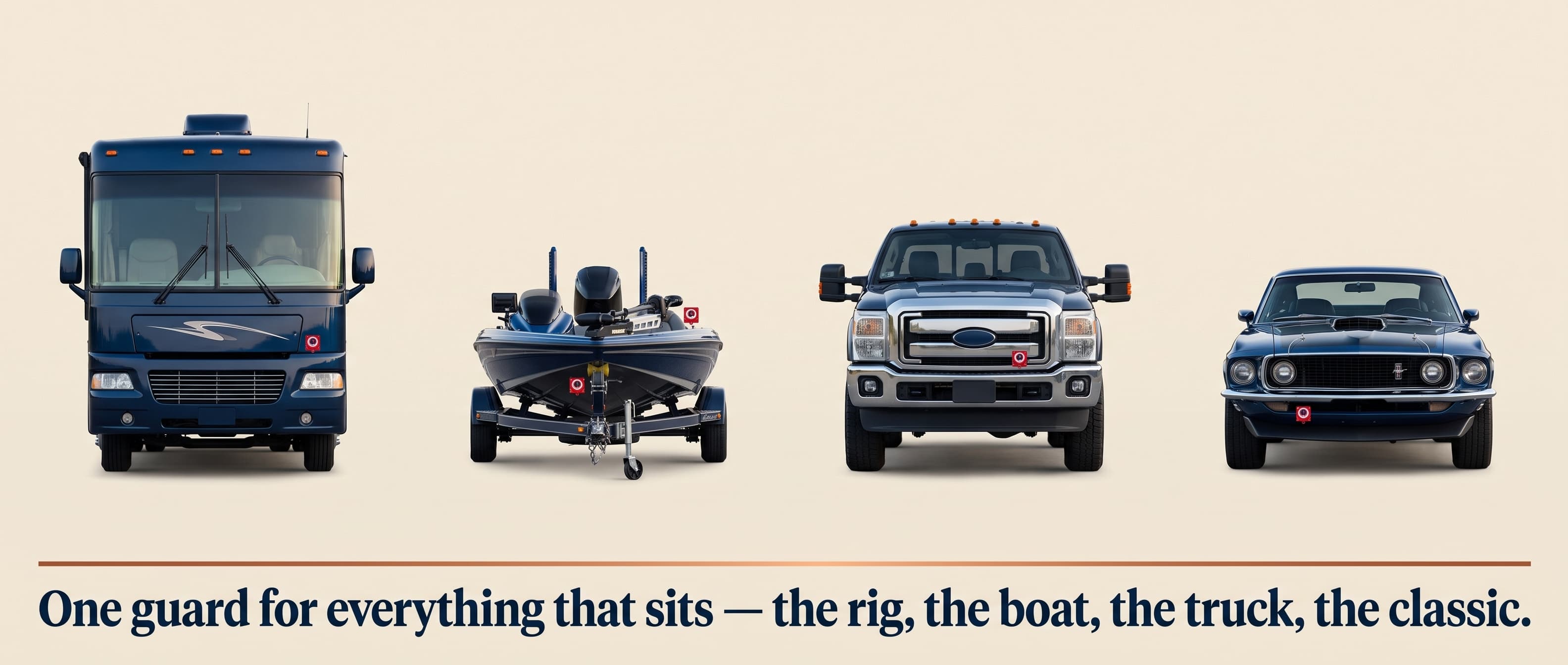 A wide lineup at matched scale — motorhome, bass boat on a trailer, diesel pickup, and a restored classic car — each with the disconnect at its battery.