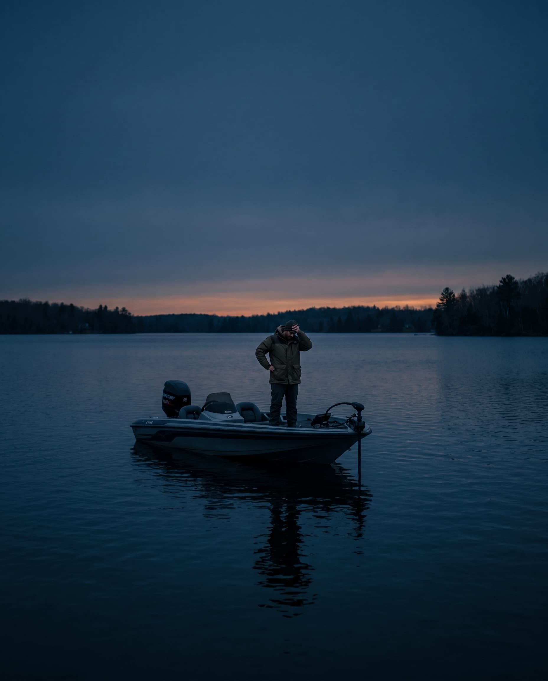 A lone angler stands in a bass boat drifting on a lake at dusk, head in hand — stranded, dead in the water.