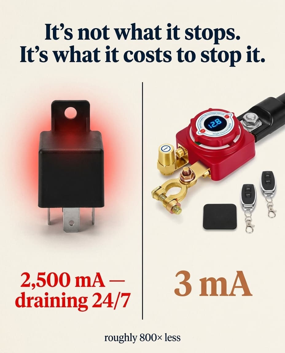 Side-by-side comparison: a common relay-style remote switch drawing 2,500 mA around the clock next to the SmartGuard holding on just 3 mA — roughly 800 times less.