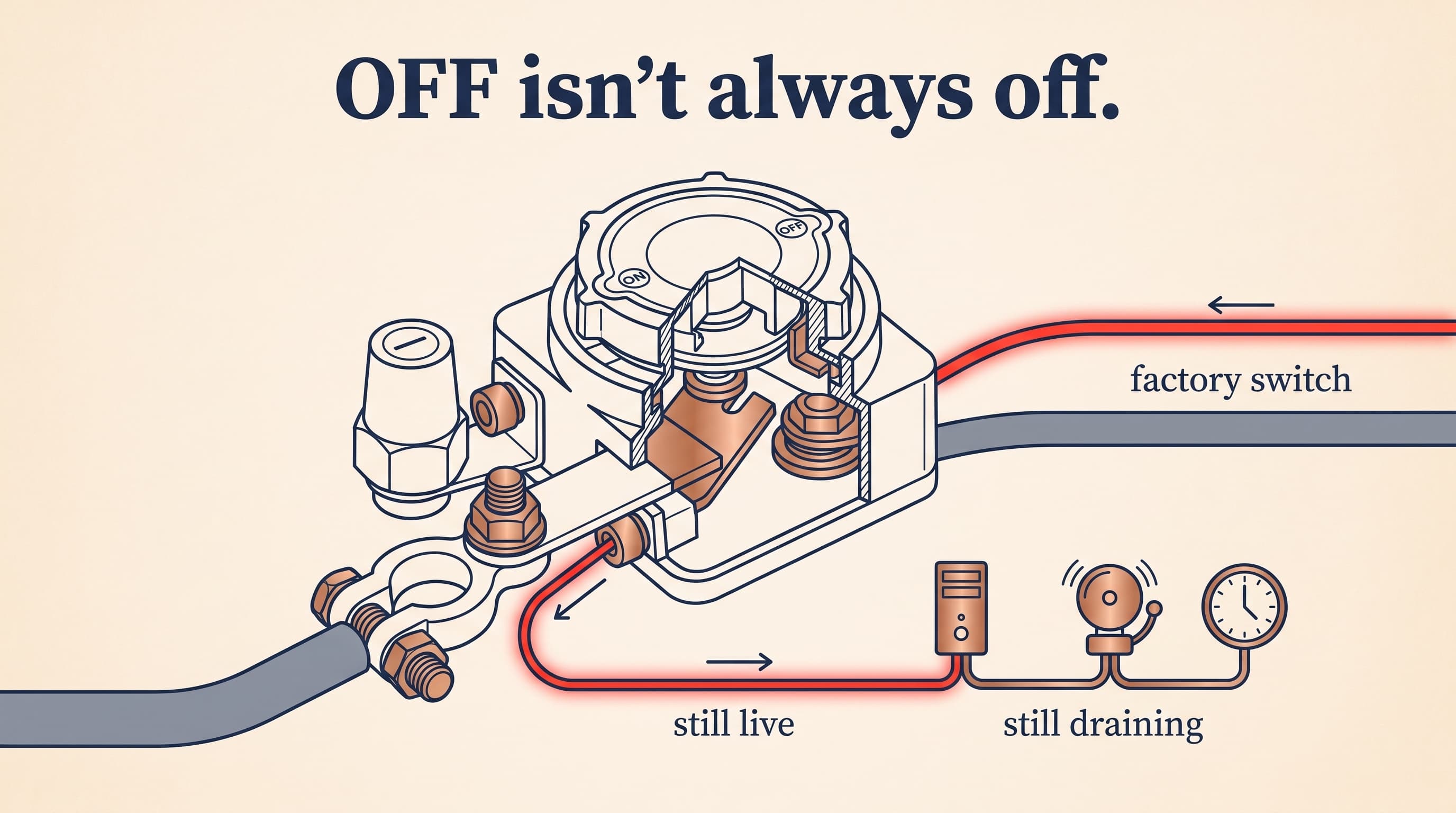 Diagram: a factory disconnect switch in the OFF position still feeding a live red wire to the vehicle's computer, alarm, and clock — labeled 'still live' and 'still draining.'